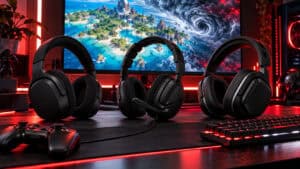Three picks for the best headset for Fortnite, the Razer Barracuda X, Turtle Beach Recon 70 and Turtle Beach Stealth 600 Gen 3, lined up on a red-and-white lit gaming desk in front of a storm-swept island on the monitor