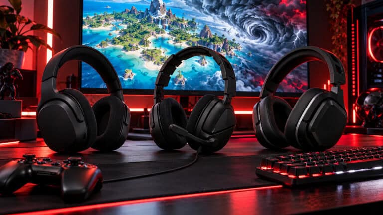 Three picks for the best headset for Fortnite, the Razer Barracuda X, Turtle Beach Recon 70 and Turtle Beach Stealth 600 Gen 3, lined up on a red-and-white lit gaming desk in front of a storm-swept island on the monitor