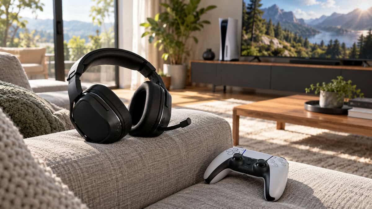 Turtle Beach Stealth 600 Gen 3 resting on a gray couch arm next to a DualSense controller, a best headset for Fortnite pick for long console sessions in a sunlit living room