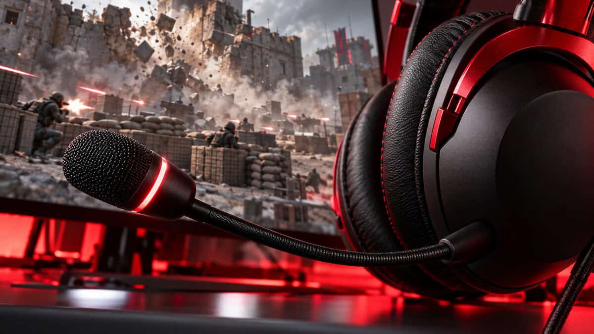 Close-up of a boom mic with its red mute light on, a detail worth checking in the best headset for Wardogs, with a fortress fight blurred behind
