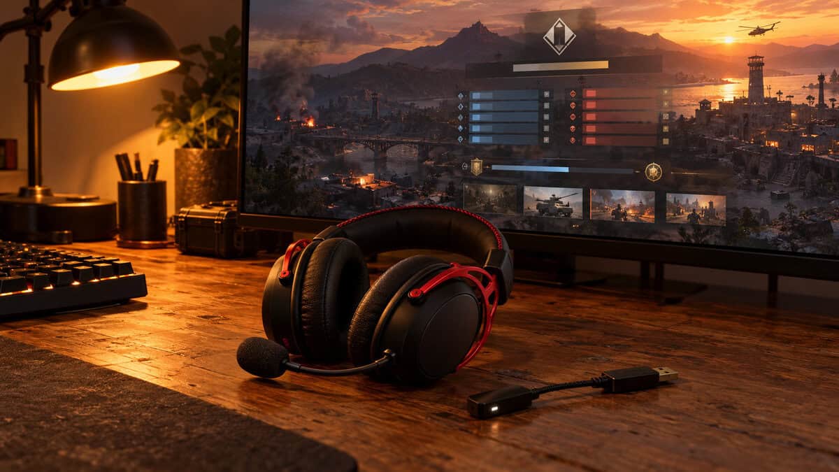 HyperX Cloud Alpha Wireless and its USB dongle on a lamp-lit wooden desk, a wireless take on the best headset for Wardogs for long matches