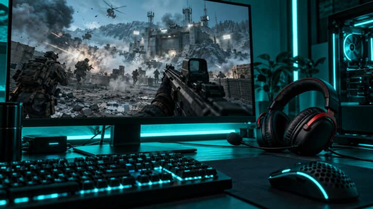 HyperX Cloud III, the best headset for Wardogs overall, resting beside a monitor showing a control-zone firefight on a teal-lit desk
