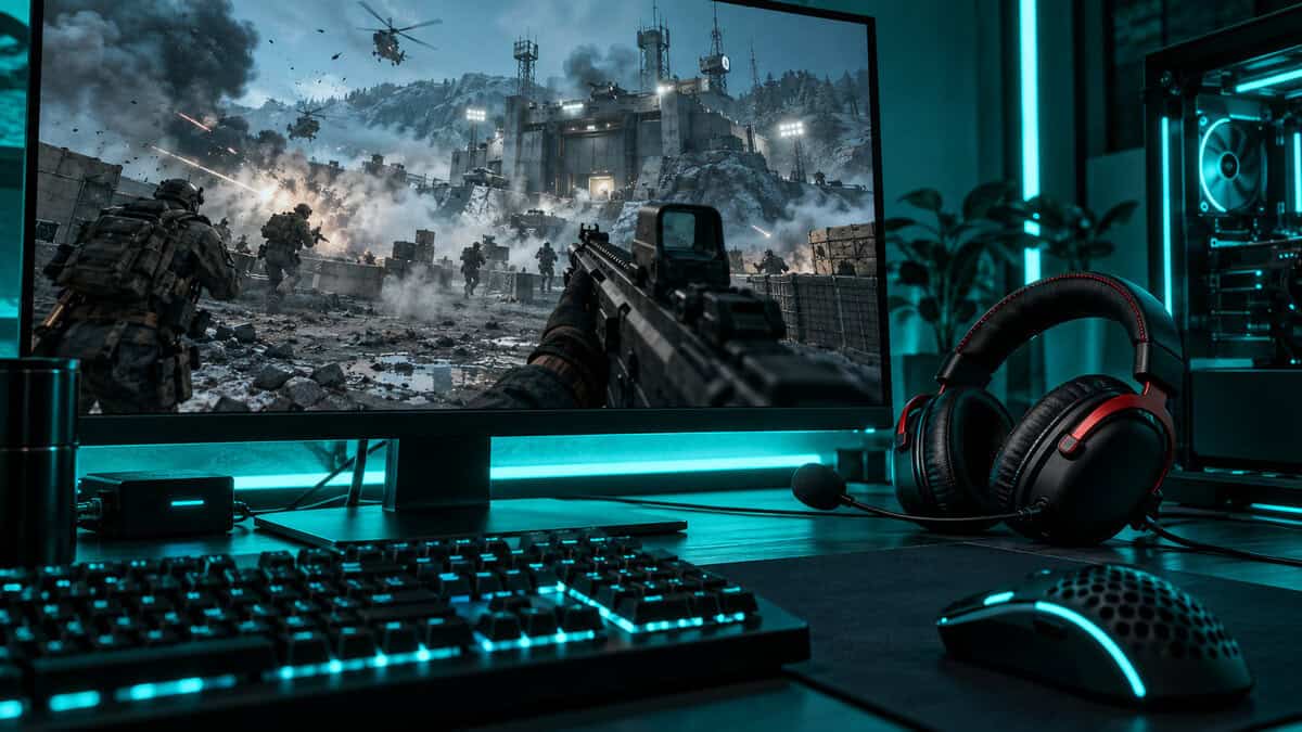 HyperX Cloud III, the best headset for Wardogs overall, resting beside a monitor showing a control-zone firefight on a teal-lit desk