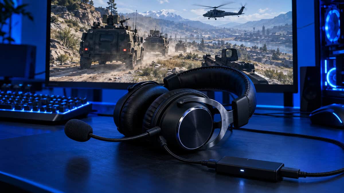 Logitech G PRO X plugged into its USB sound card under blue light, a mic-first option for the best headset for Wardogs, with a vehicle convoy on screen