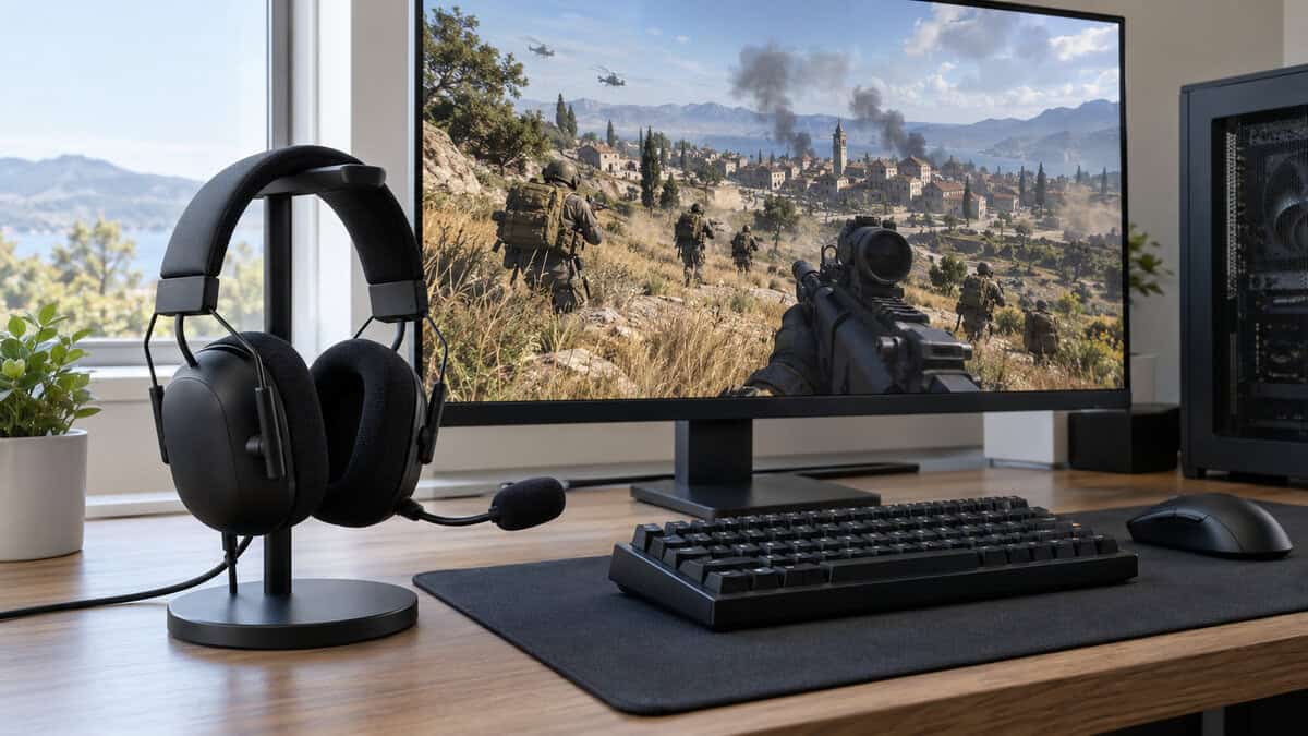 Razer BlackShark V2 X on a headset stand in daylight, the budget choice for the best headset for Wardogs, with a squad advancing on the monitor