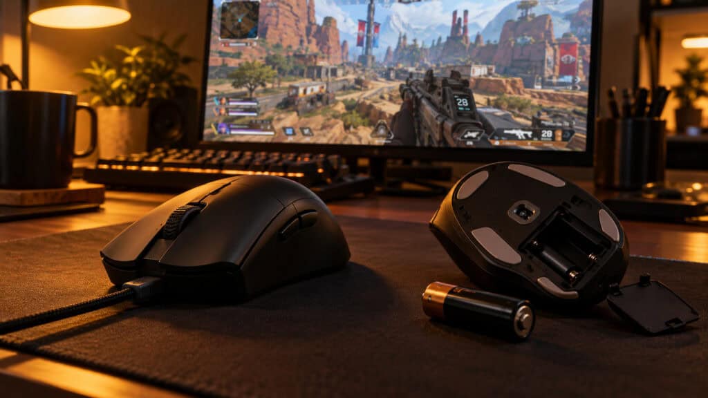 Black wireless mouse charging over a braided USB cable next to an upside-down AA mouse with its battery door open and a spare battery under a warm desk lamp, the two power options for the best wireless gaming mouse