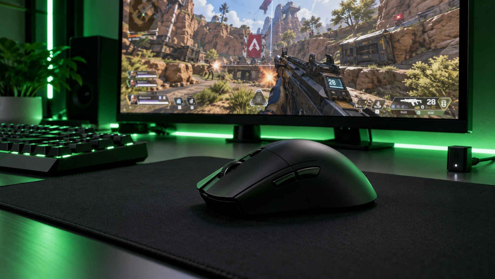 Black ergonomic wireless mouse on a large cloth pad under green desk lighting, with an RGB keyboard and an Apex Legends match on the monitor, the kind of setup the best wireless gaming mouse is built for