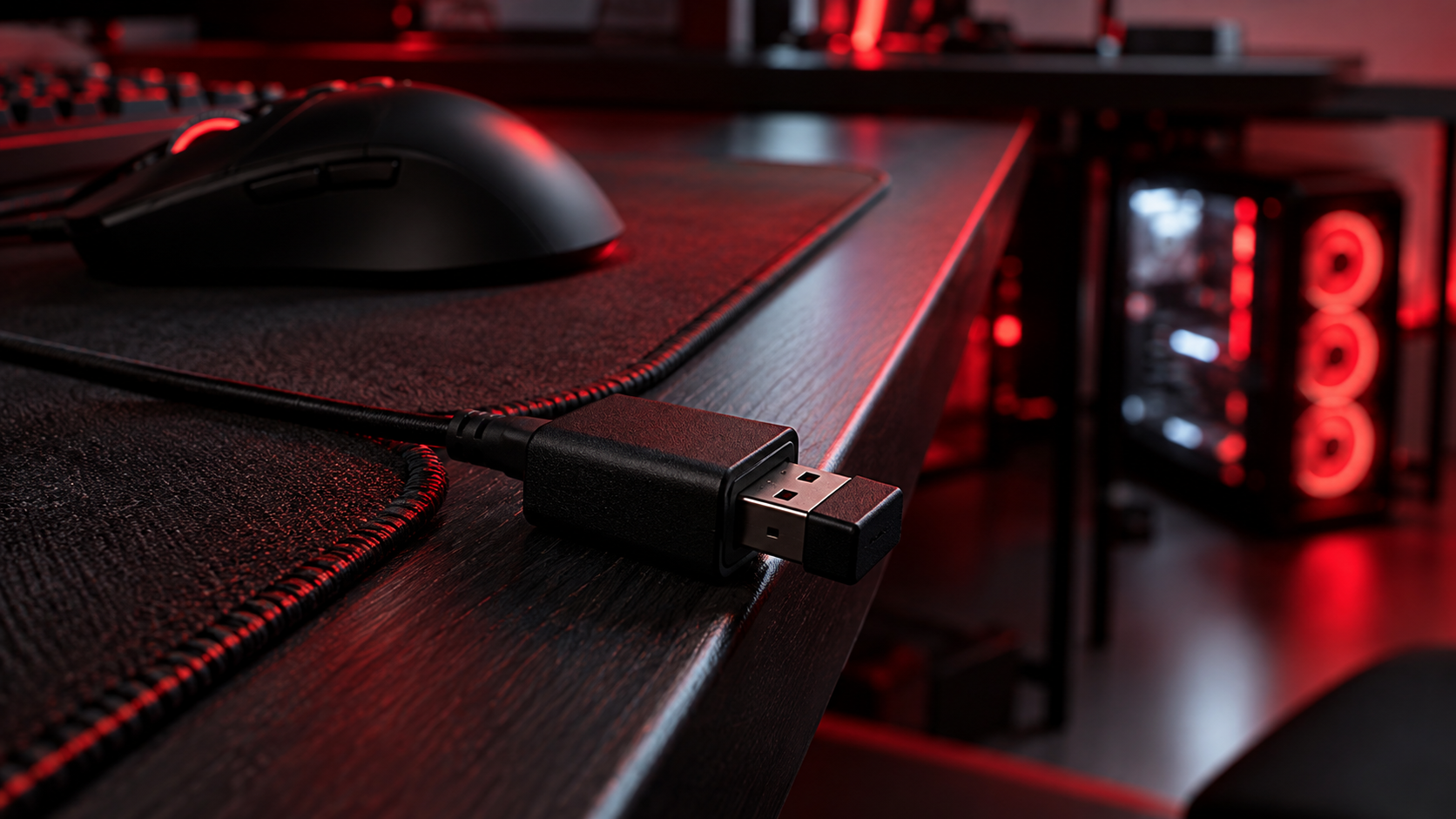 USB extension cable plug resting at the front edge of a desk beside a mouse pad and a red-lit gaming PC, showing where the receiver belongs for the best wireless gaming mouse