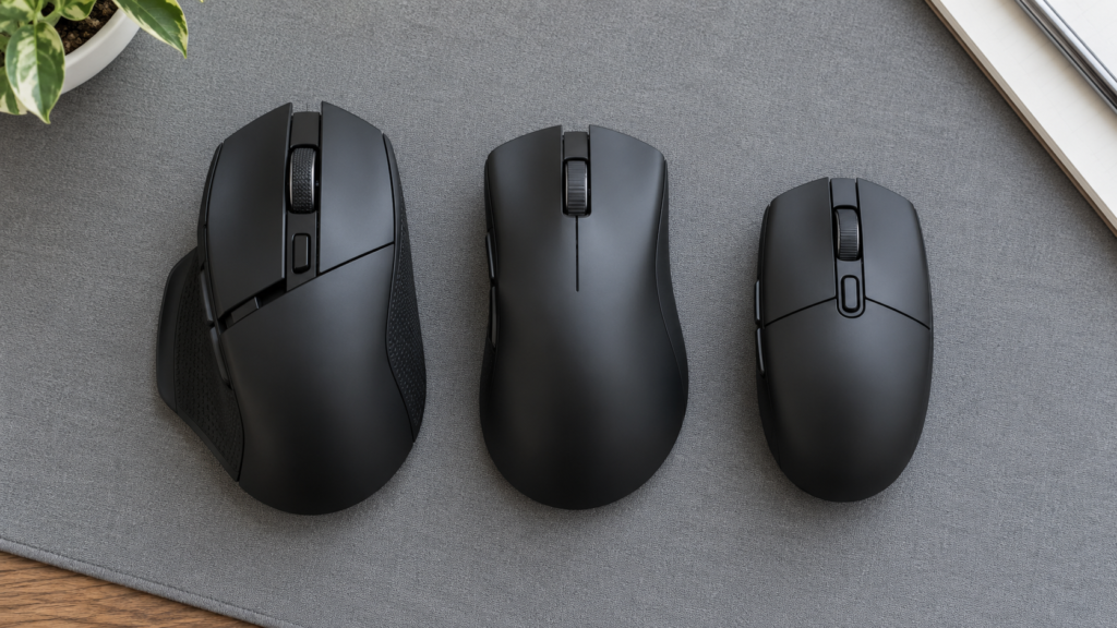 Three black wireless mice lined up on a gray desk mat from a large thumb-rest shell to a small compact one, showing how hand size narrows down the best wireless gaming mouse