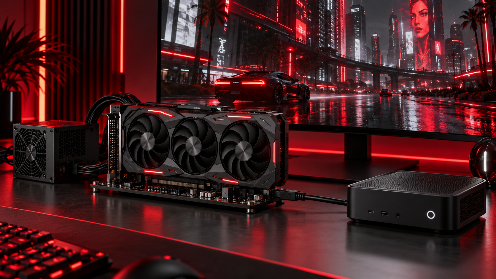 Open eGPU dock board holding a triple-fan graphics card cabled to a small black mini PC beside a power supply under red desk lighting, with a night-city racing game on the monitor, an external GPU setup for a mini PC