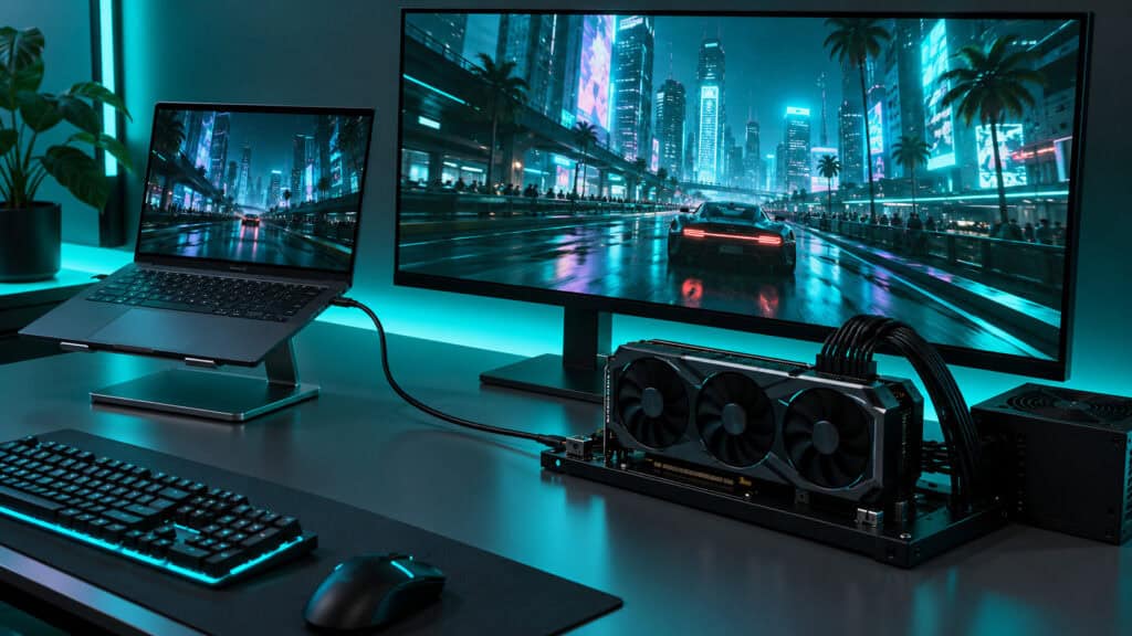 Laptop on a stand linked by a single cable to an open eGPU dock with a triple-fan graphics card and power supply under teal lighting, turning a thin laptop into an external GPU desktop