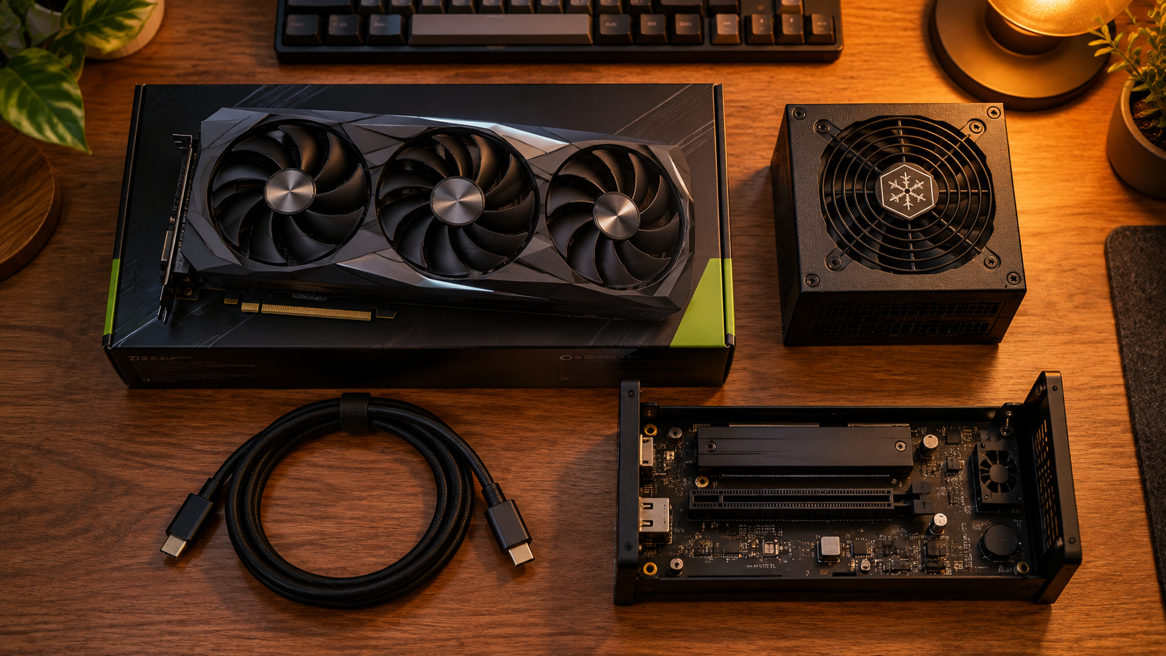 Top-down view of external GPU parts on a wooden desk, a boxed triple-fan graphics card, a compact power supply, a braided cable and an open dock board under a warm desk lamp