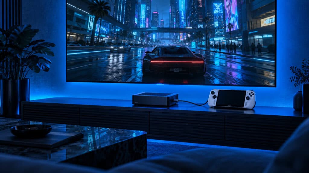 Small black all-in-one external GPU box on a TV stand cabled to a white handheld gaming PC, with a night-city racing game on a large TV in blue living-room light