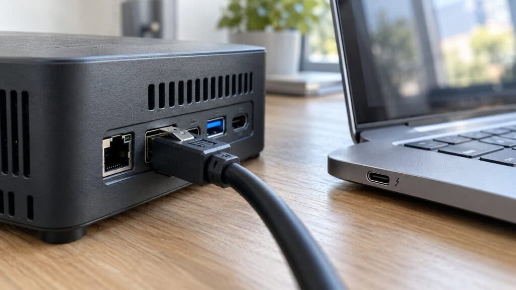 Rear ports of a black mini PC with a latched OCuLink cable plugged in next to a laptop USB-C port marked with a lightning bolt, the two connections that decide which external GPU dock will work