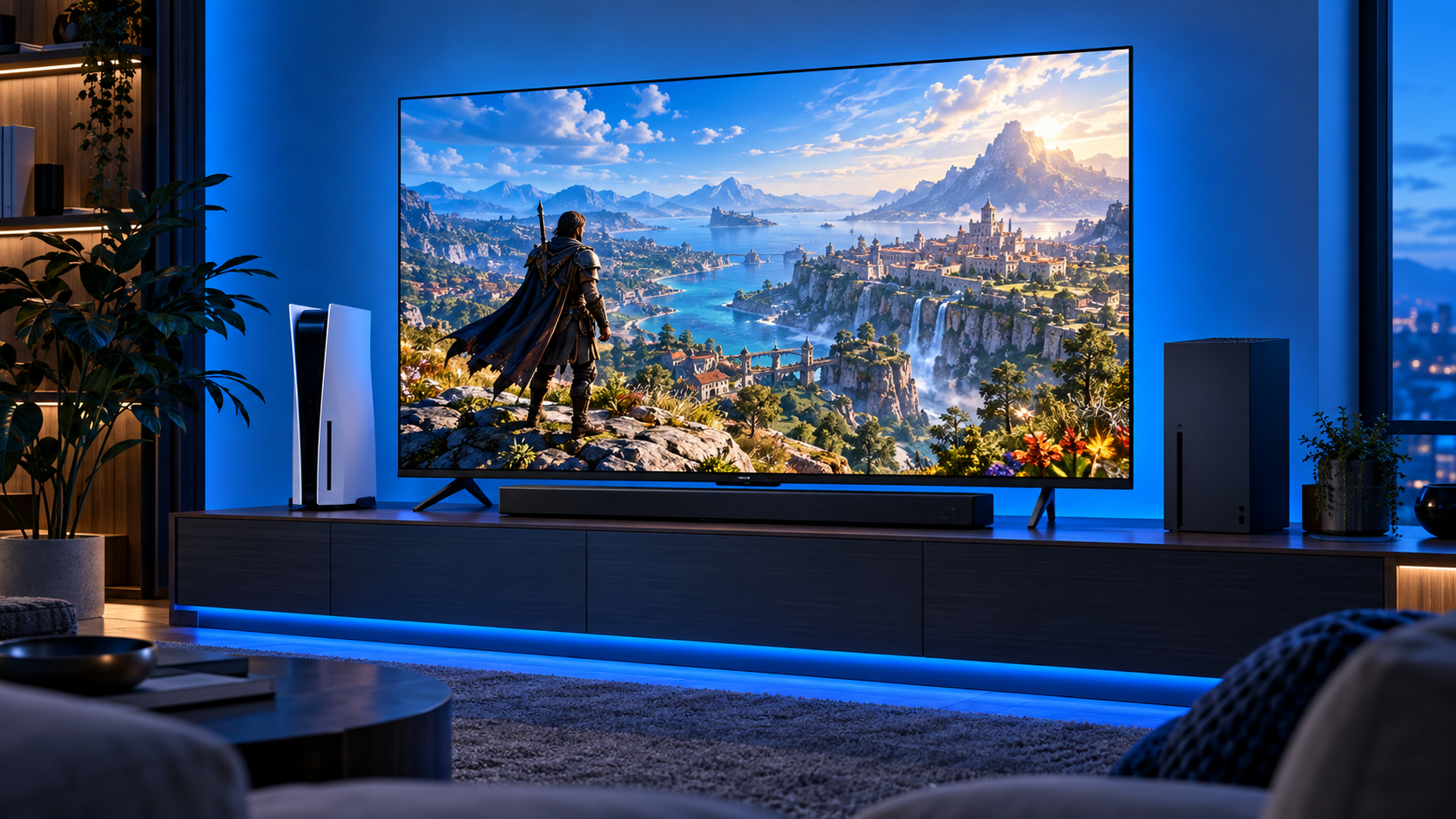 55-inch gaming TV showing a bright open-world game between a PS5 and an Xbox Series X on a blue-lit media console with a soundbar