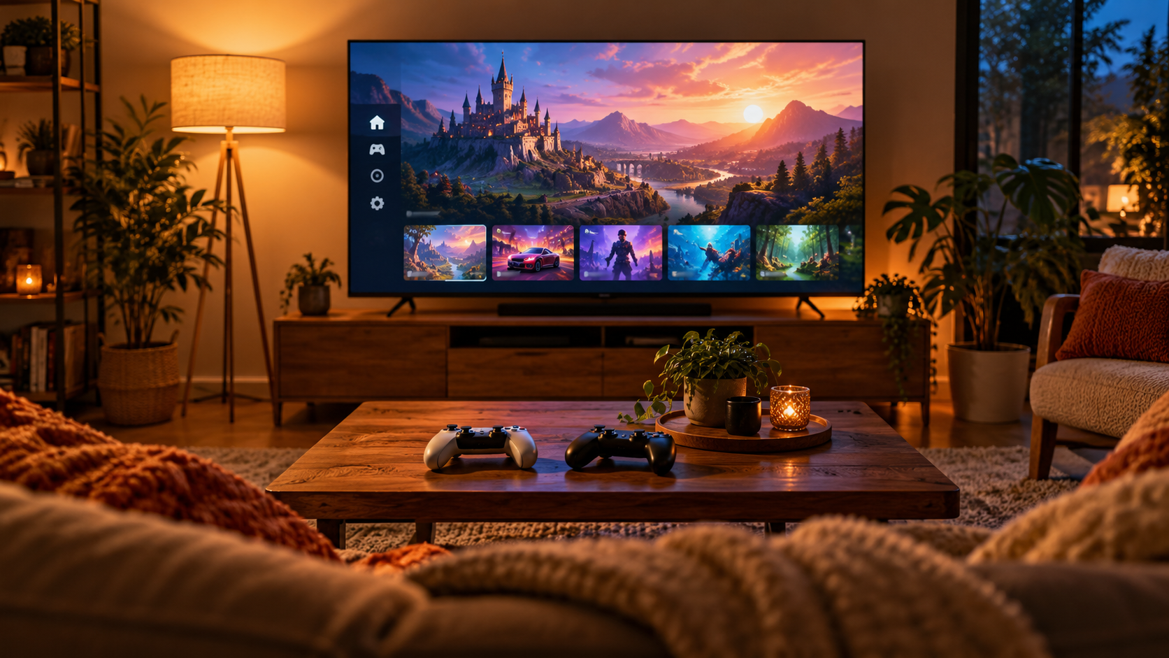 Evening living room with a gaming TV showing a game menu and two controllers on the coffee table, lit by a warm floor lamp