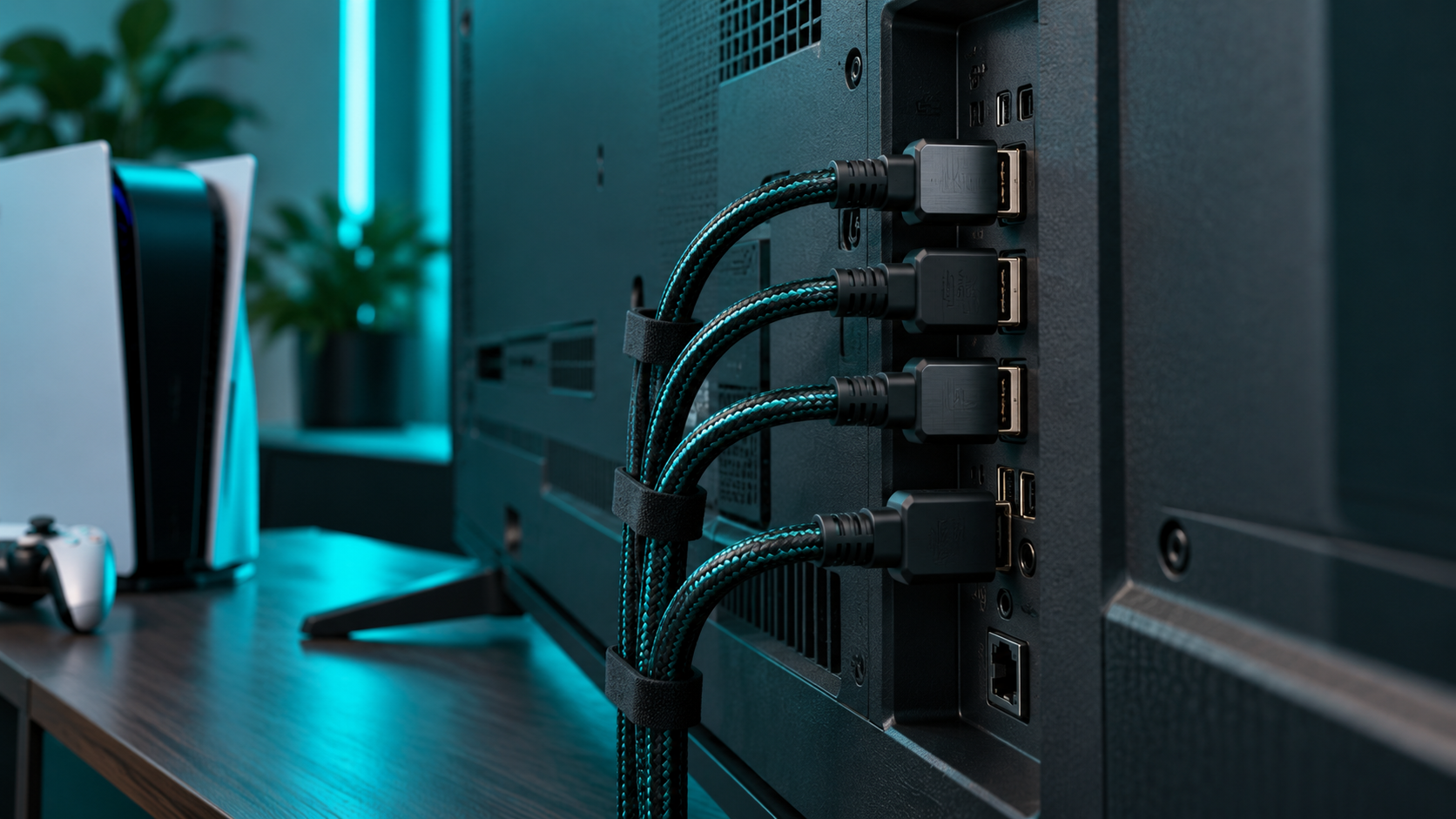 Braided cables plugged into the inputs on the back of a gaming TV, with a PS5 and a controller beside it under teal light