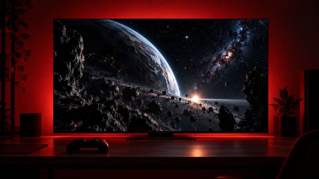 OLED gaming TV on a desk showing a dark space scene with deep blacks, a controller in front and red light on the wall