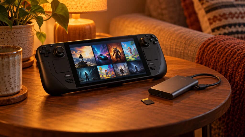 Steam Deck showing a game library on an evening side table next to a portable SSD and an SD card for Steam Deck storage