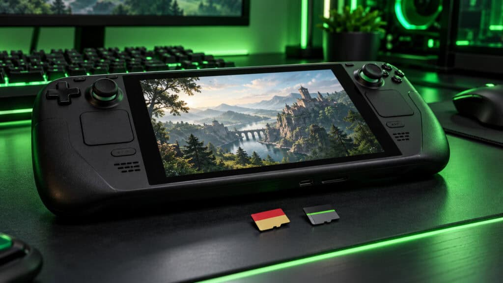 Steam Deck on a green-lit gaming desk with two microSD cards lying beside it, ready to pick an SD card for Steam Deck storage