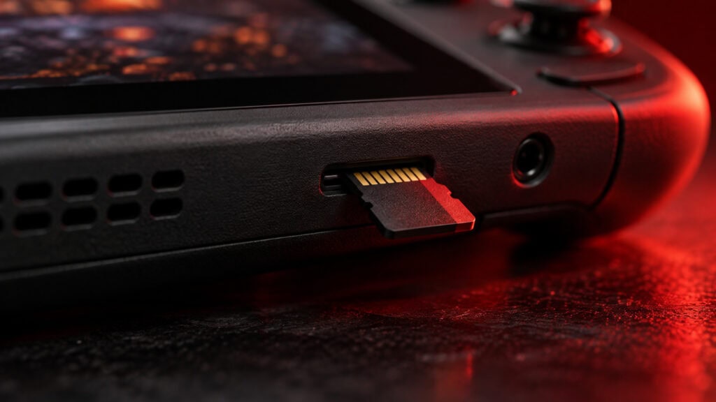 Close-up of an SD card for Steam Deck sliding into the console card slot under red accent lighting