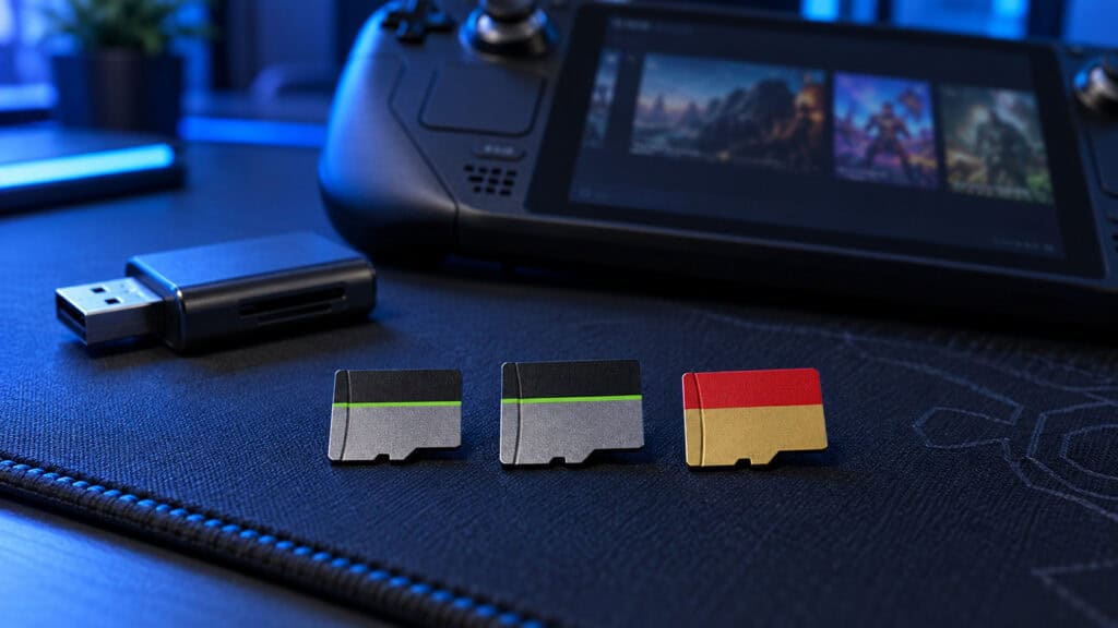 Three microSD cards lined up on a desk mat beside a USB card reader and a Steam Deck, comparing each SD card for Steam Deck use