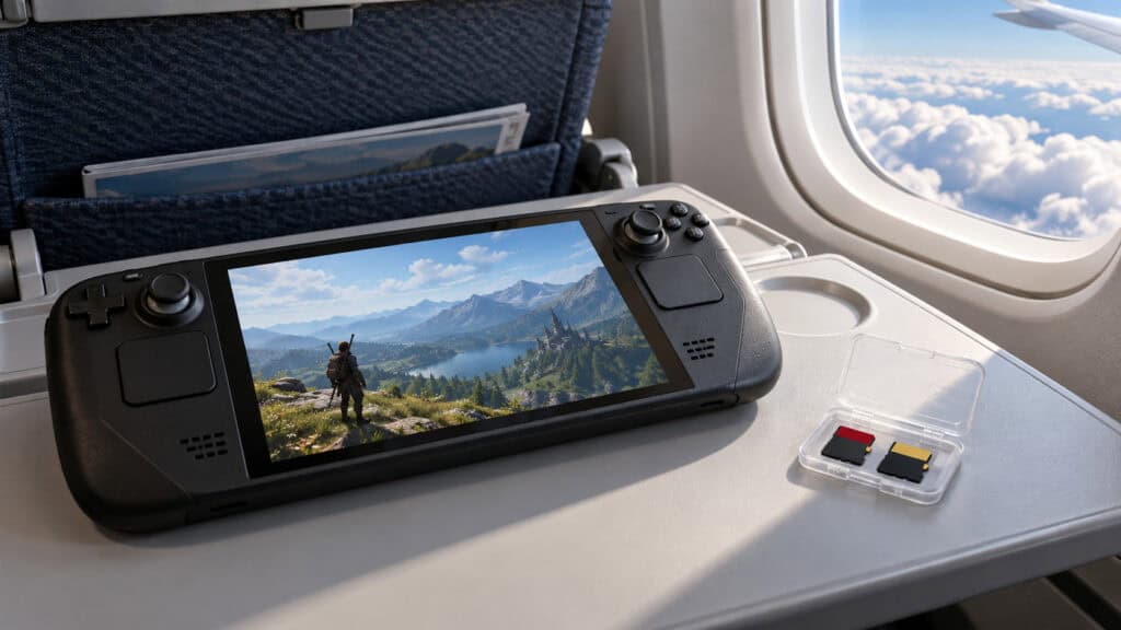 Steam Deck on an airplane tray table beside a window, next to a clear case of spare cards for anyone choosing an SD card for Steam Deck travel