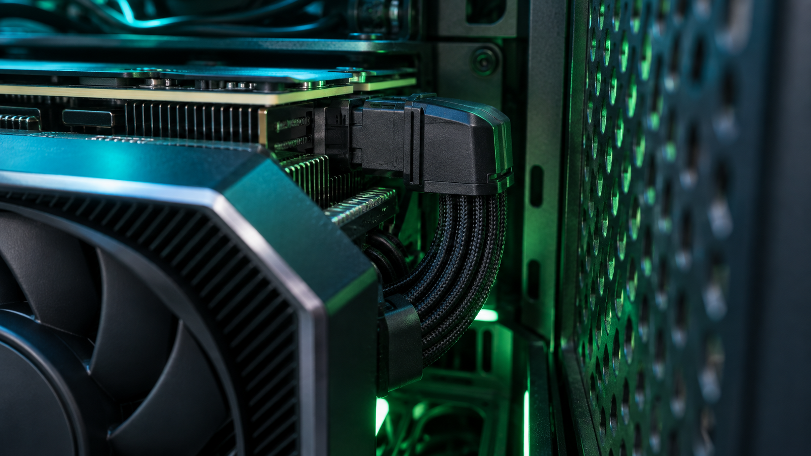 Close-up of an angled 12V-2x6 cable from an SFX PSU plugged into a graphics card, with a narrow gap to the vented side panel