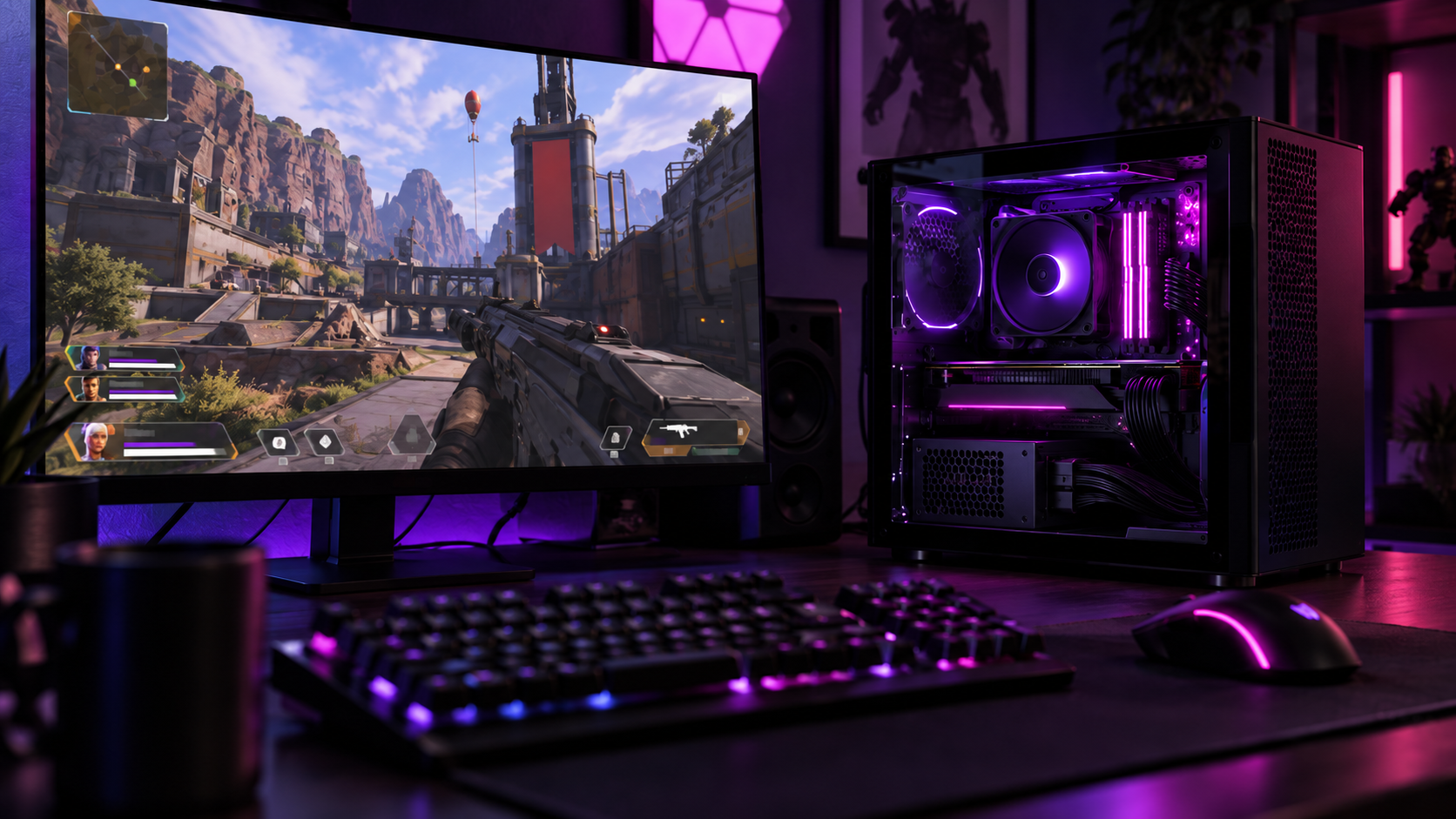 Compact gaming PC with an SFX PSU build behind a glass side panel, lit in violet beside a monitor showing Apex Legends