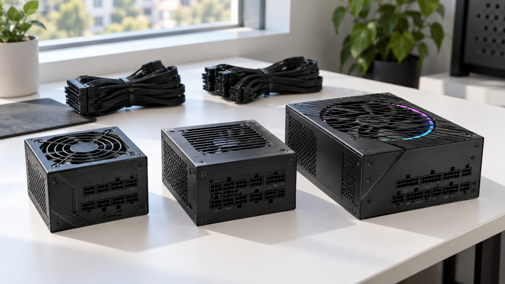 Three SFX PSU picks on a white desk by a window, two true SFX units and a longer SFX-L unit with a larger fan, modular cables behind them