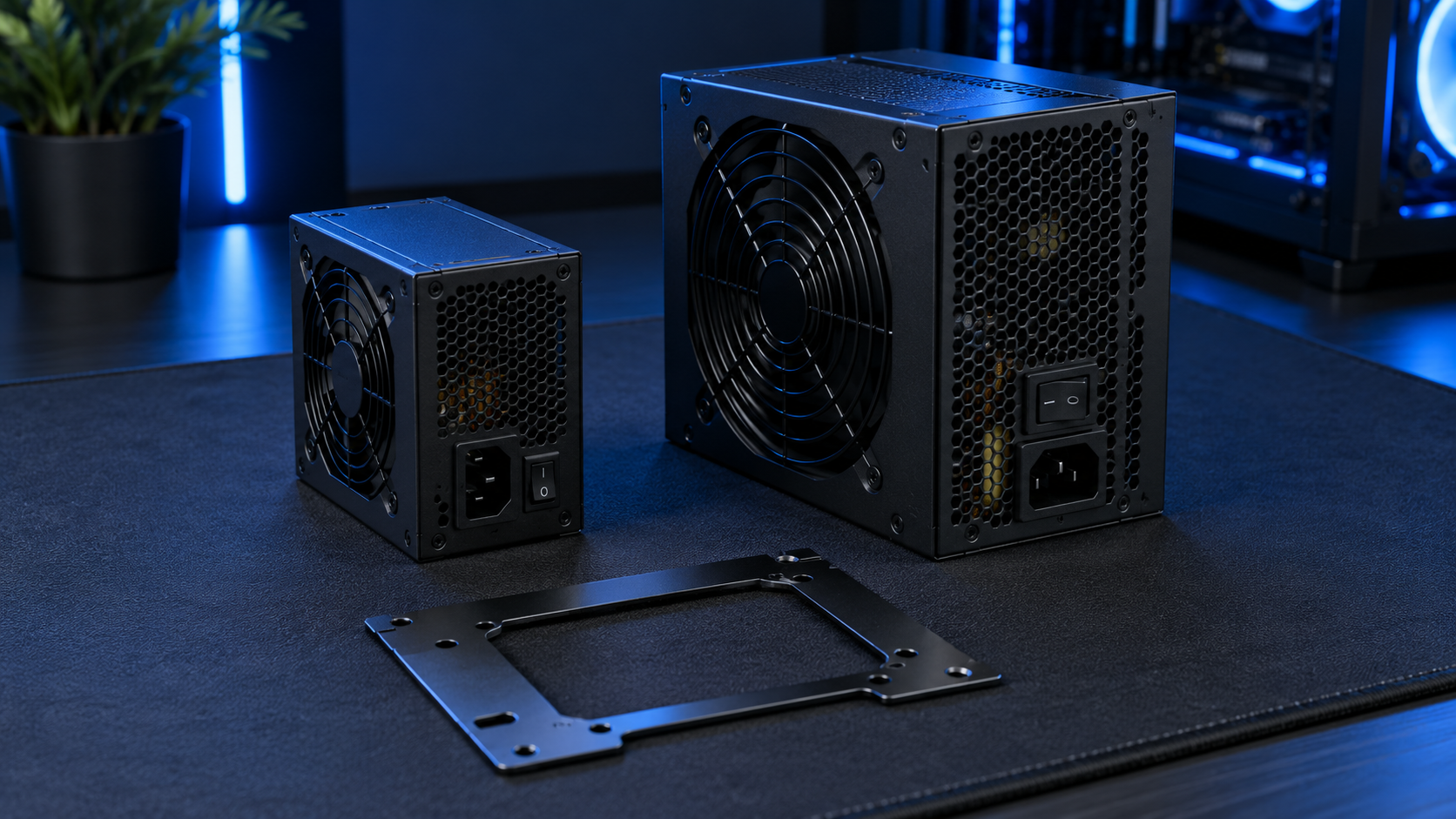 A small SFX PSU standing next to a full-size ATX power supply with an SFX-to-ATX adapter bracket in front, showing the size difference