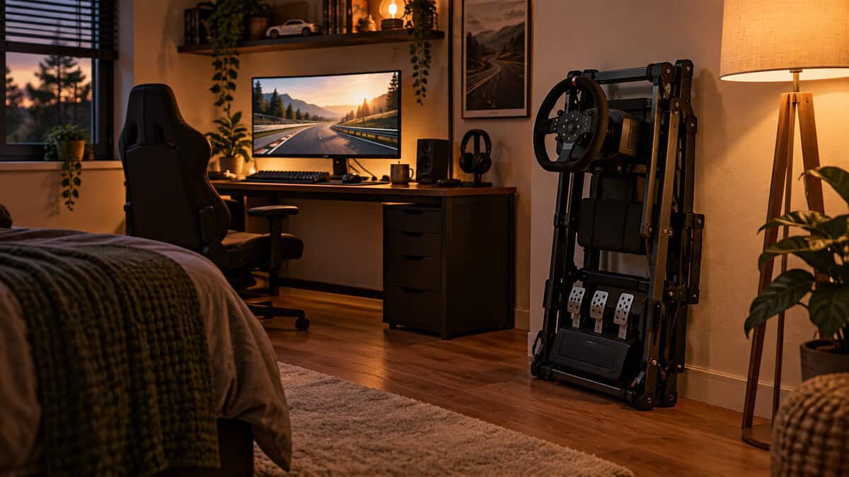 Folded sim racing cockpit with the wheel and pedals still attached standing against a bedroom wall beside a floor lamp, a gaming desk and monitor behind it in warm evening light