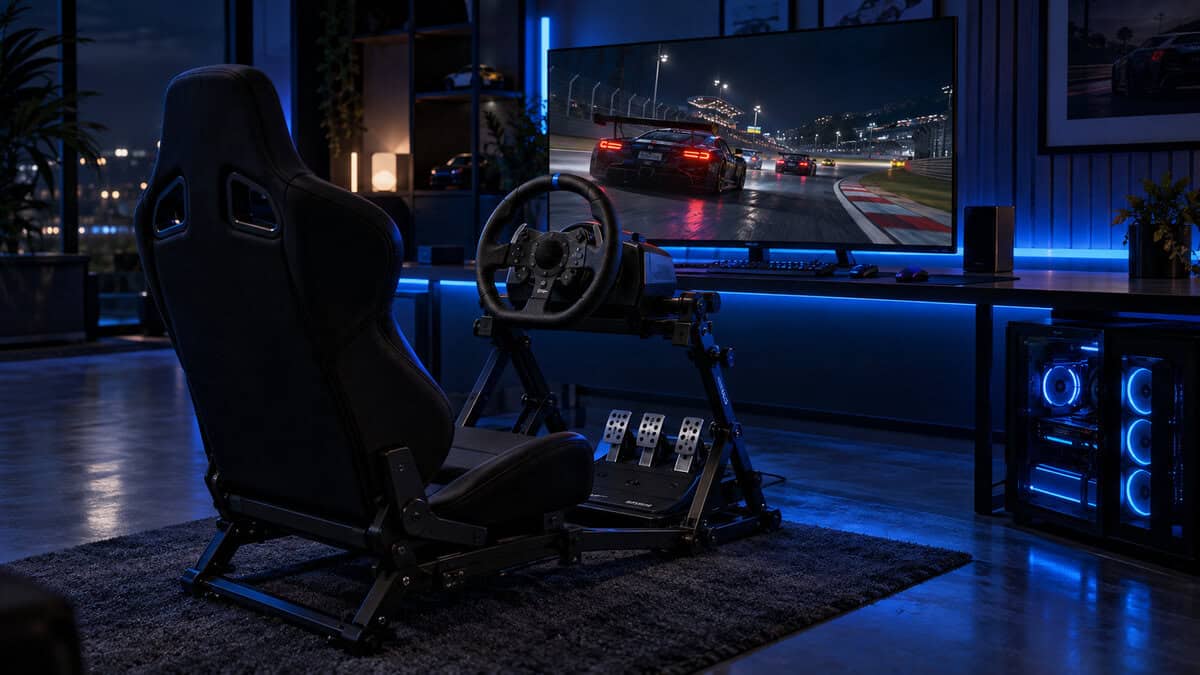Black sim racing cockpit with a bucket seat, a Logitech wheel and three pedals facing a monitor showing a night race, lit by blue LED strips in a dark gaming room