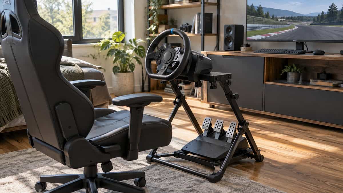 Folding steel wheel stand holding a Logitech wheel and pedals in front of a gaming chair in a sunlit room, the first rung below a full sim racing cockpit