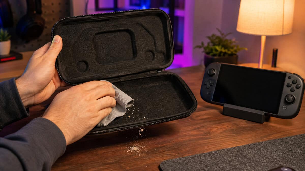 Hands wiping crumbs out of an empty switch 2 case lining with a cloth while the console sits on a stand nearby