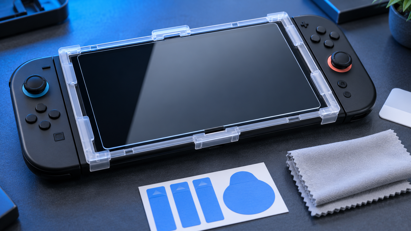 Clear guide frame clipped around a Nintendo Switch 2 holding a Switch 2 screen protector in place, with dust removal stickers and a microfiber cloth