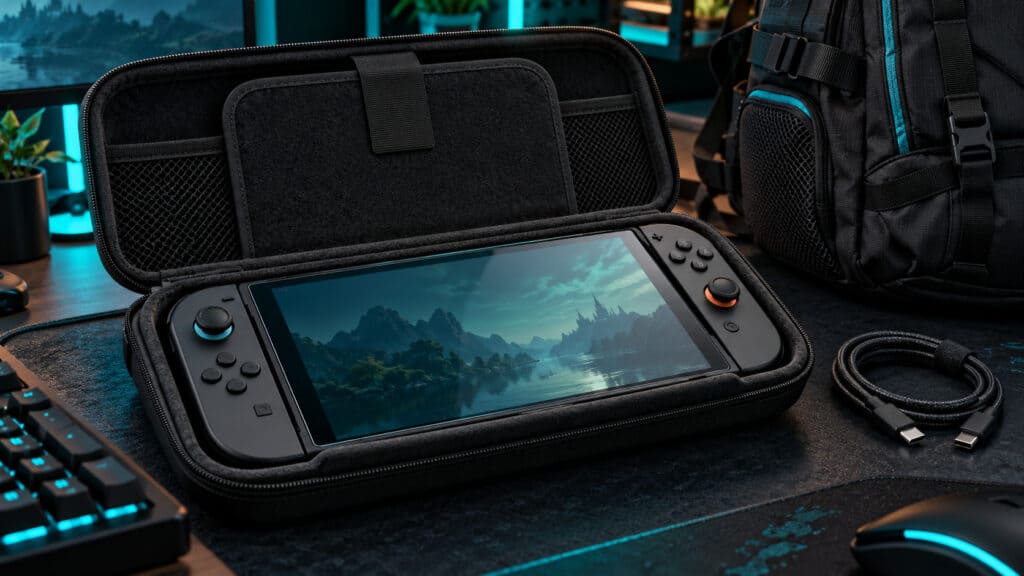 Nintendo Switch 2 with a Switch 2 screen protector fitted, resting in an open hard-shell carrying case next to a backpack and a USB-C cable