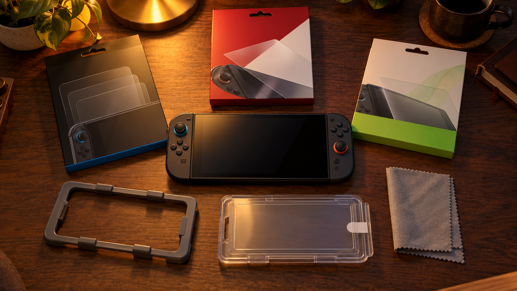 Flat lay of three Switch 2 screen protector boxes around a Nintendo Switch 2, with a guide frame, application tray and microfiber cloth under a warm lamp