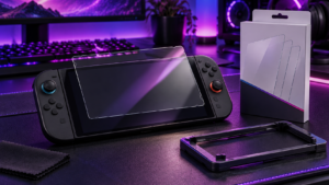 Tempered glass Switch 2 screen protector hovering over a Nintendo Switch 2 on a violet-lit gaming desk beside a three-pack box and guide frame