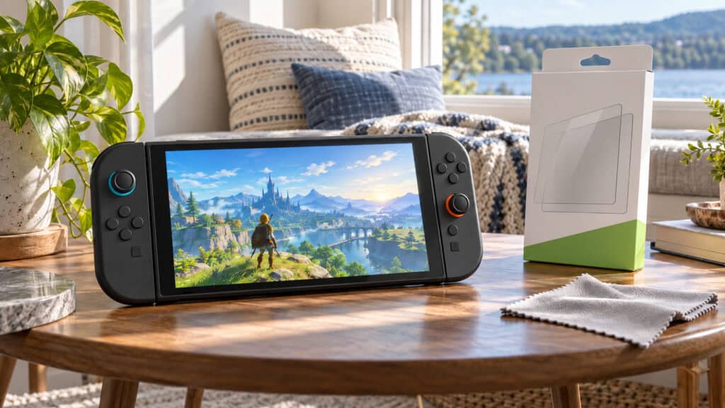 Nintendo Switch 2 on a table by a sunny window seat, with a Switch 2 screen protector box and cleaning cloth beside it