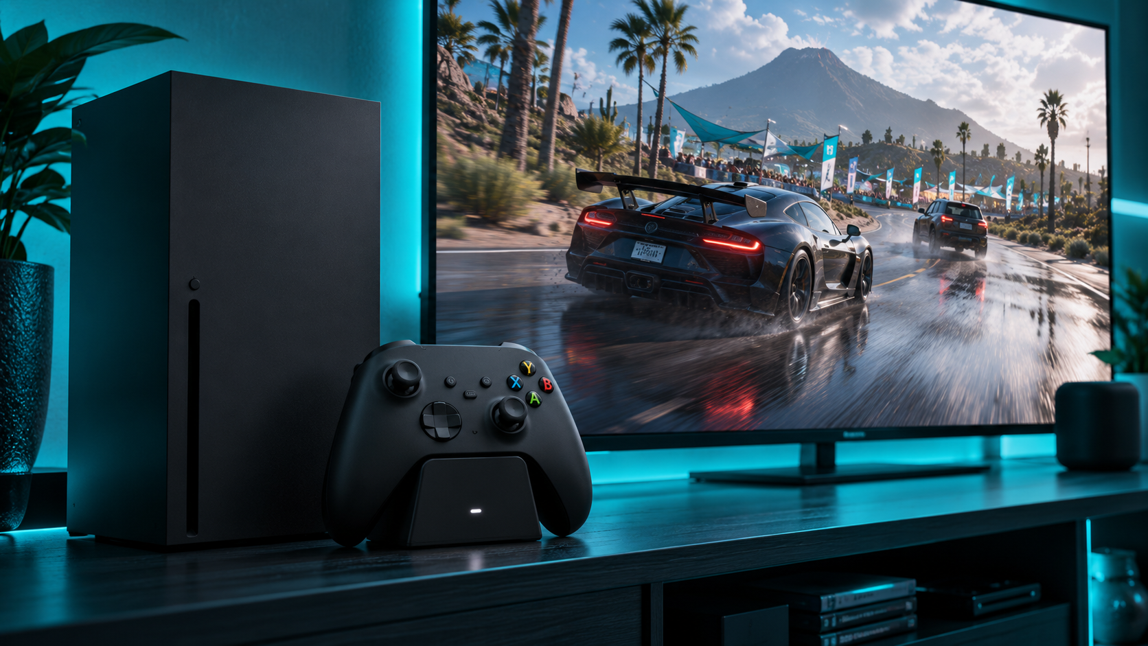 Black Xbox controller sitting upright in a charging dock with a white charge light beside an Xbox Series X under teal lighting, a racing game on the TV behind, a dock-style Xbox controller charger in a living-room setup