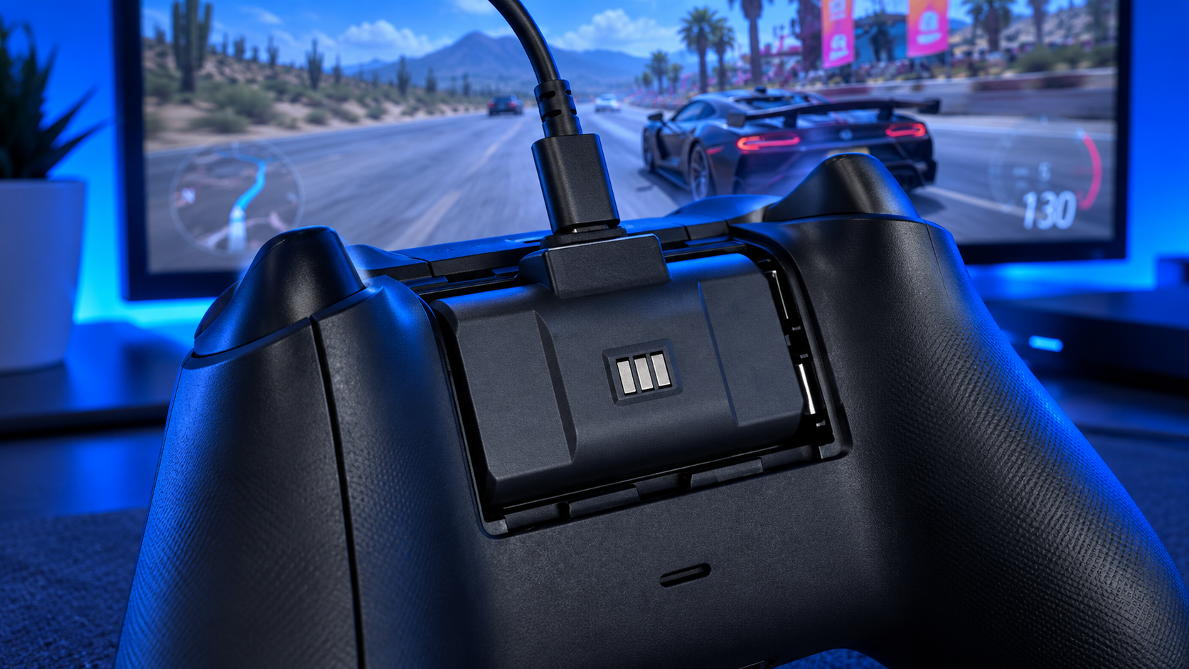 Back of a black Xbox controller with a rechargeable battery pack installed and a USB-C cable plugged into the top, a racing game on the monitor in blue light, a pack-style Xbox controller charger in use