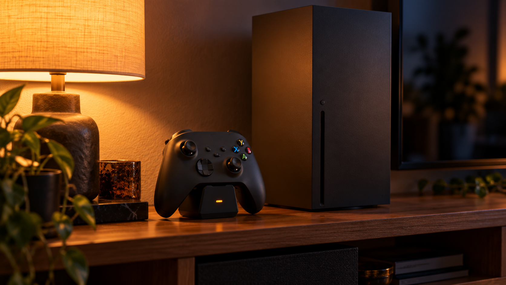 Black Xbox controller on a charging stand with an amber charge light next to an Xbox Series X on a wooden shelf under a warm lamp, an Xbox controller charger keeping the pad ready for the next session