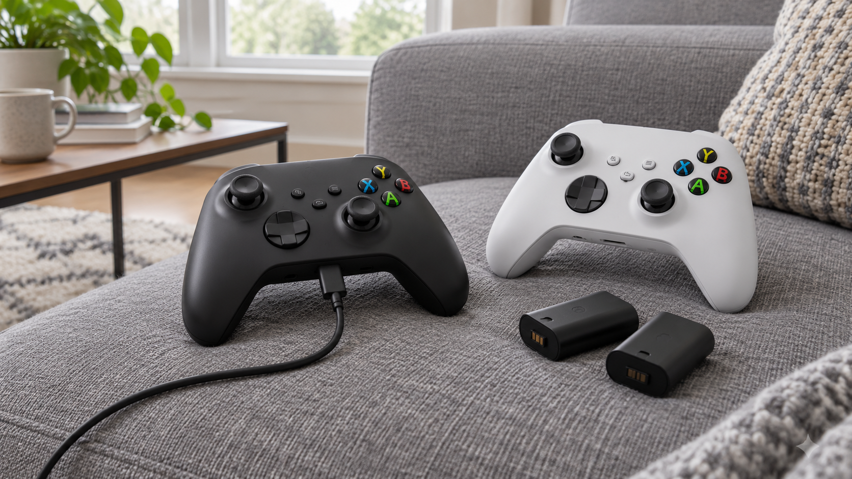 A black and a white Xbox controller on a gray couch, one plugged into a USB-C cable with two spare battery packs beside them, the two-controller case for an Xbox controller charger kit