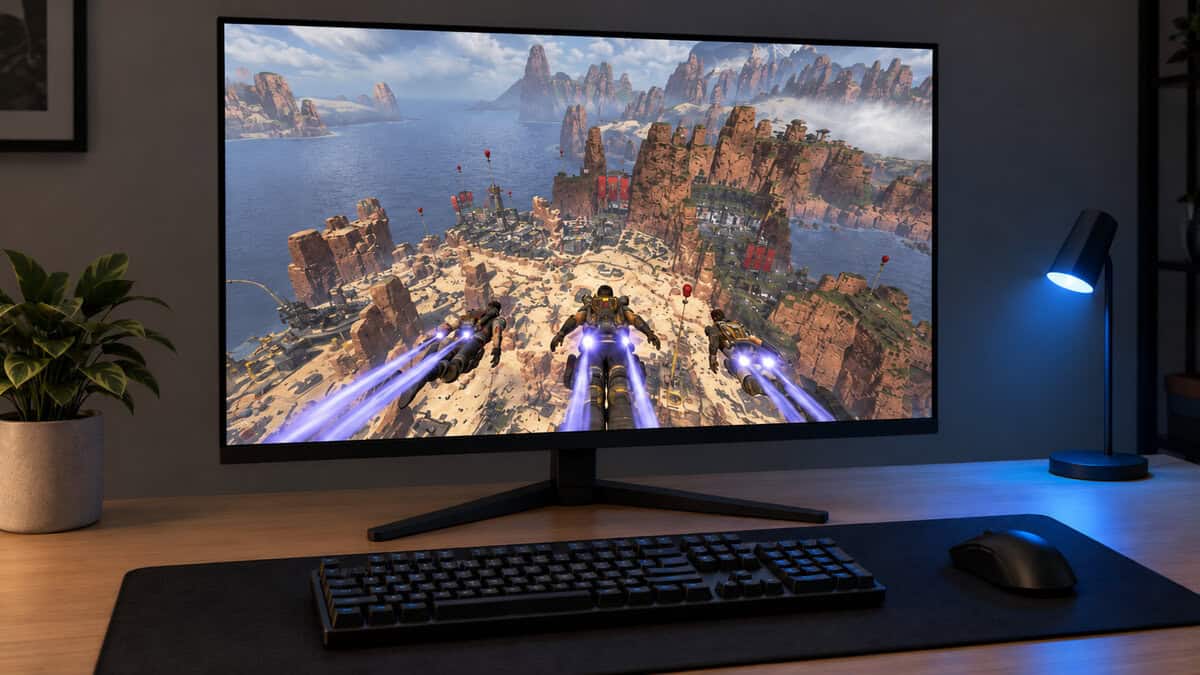 27-inch high refresh monitor showing a battle royale squad dropping over a coastal canyon map, a blue desk lamp glowing on a light wood desk, a fast screen on the 1440p side of 1080p vs 1440p