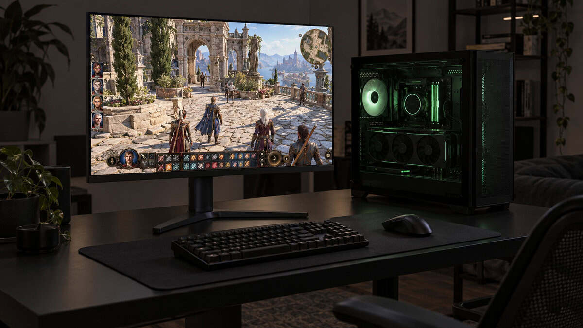 27-inch gaming monitor showing a fantasy role-playing game beside a mid-tower PC with green internal lighting on a black desk, a 1440p setup at the center of the 1080p vs 1440p choice