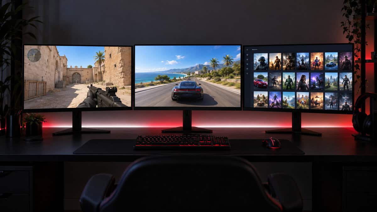 Three gaming monitors side by side on a long desk showing a desert shooter, a coastal racing game and a game library, a red and white light strip below, every 1080p vs 1440p pick in one setup