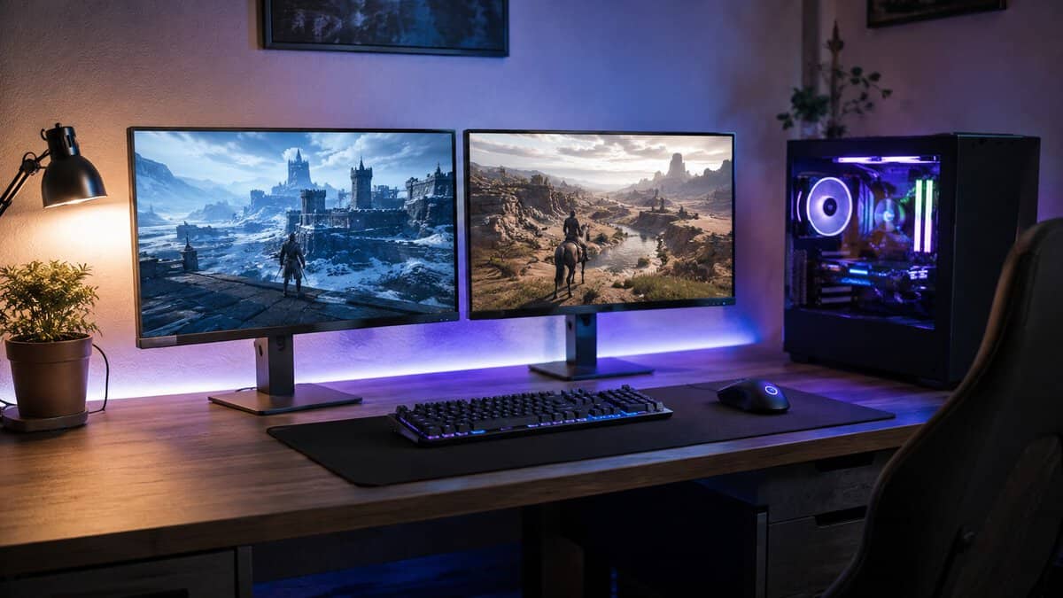 Dual-screen wood desk with a warm lamp and RGB tower, showing how the best 24 inch gaming monitor slots into a two-monitor battlestation.
