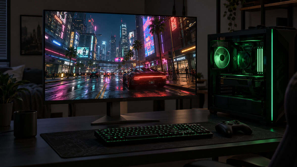 4K gaming monitor showing the neon streets of Night City in Cyberpunk 2077 beside an open PC case with green internal lighting and a controller by the keyboard, a dual-mode desk where the best 360Hz monitor also suits story games