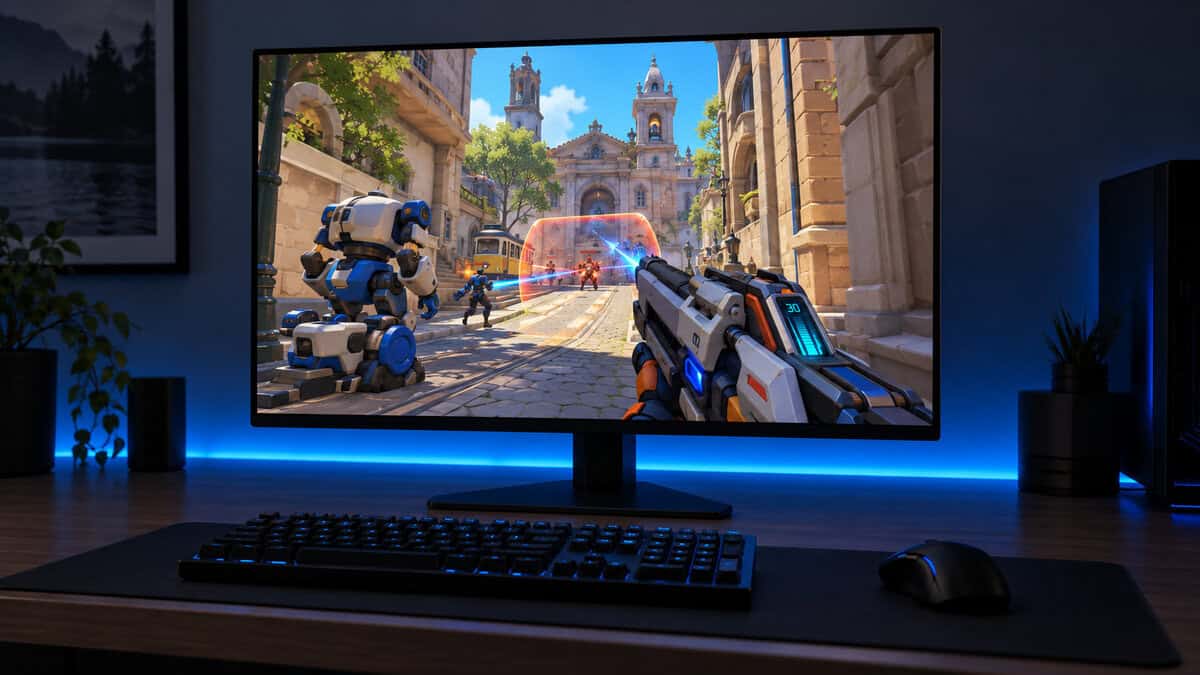 Slim OLED gaming monitor showing an Overwatch 2 fight on a sunny cobblestone city map, a cool blue light strip glowing behind the desk, a 1440p take on the best 360Hz monitor